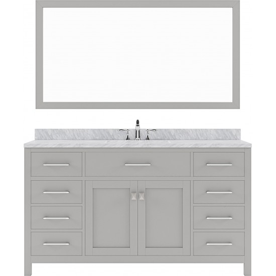 Caroline 60" Single Bath Vanity in Cashmere Gray with White Marble Top and Square Sink and Matching Mirror