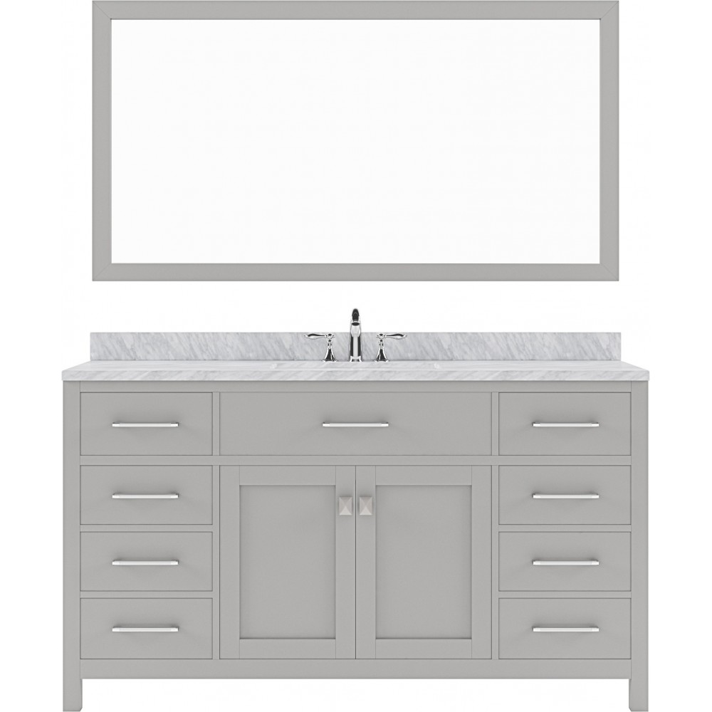 Caroline 60" Single Bath Vanity in Cashmere Gray with White Marble Top and Square Sink and Matching Mirror