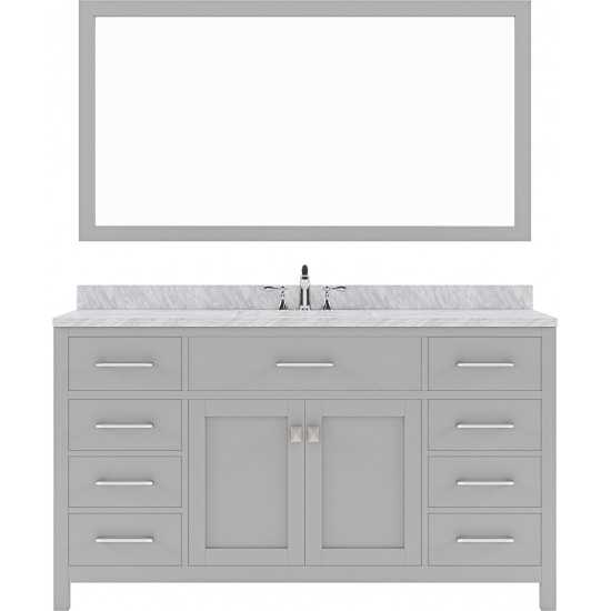 Caroline 60" Single Bath Vanity in Cashmere Gray with White Marble Top and Square Sink with Brushed Nickel Faucet and Mirror