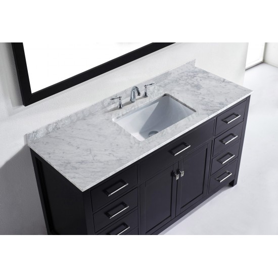 Caroline 60" Single Bath Vanity in Espresso with White Marble Top and Square Sink and Matching Mirror