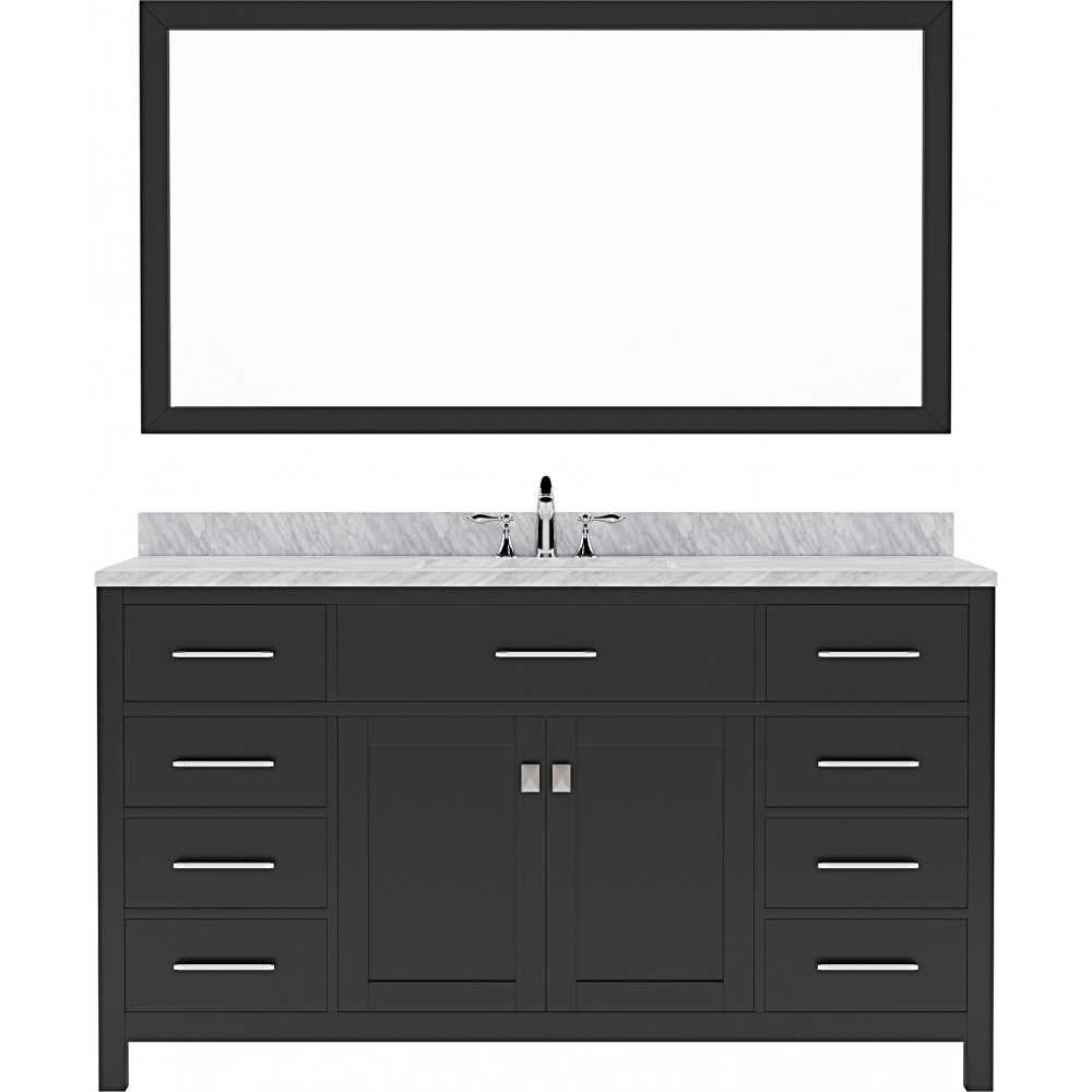 Caroline 60" Single Bath Vanity in Espresso with White Marble Top and Square Sink with Brushed Nickel Faucet and Matching Mir