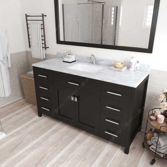 Caroline 60" Single Bath Vanity in Espresso with White Marble Top and Square Sink with Polished Chrome Faucet and Mirror