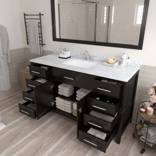 Caroline 60" Single Bath Vanity in Espresso with White Marble Top and Square Sink with Polished Chrome Faucet and Mirror