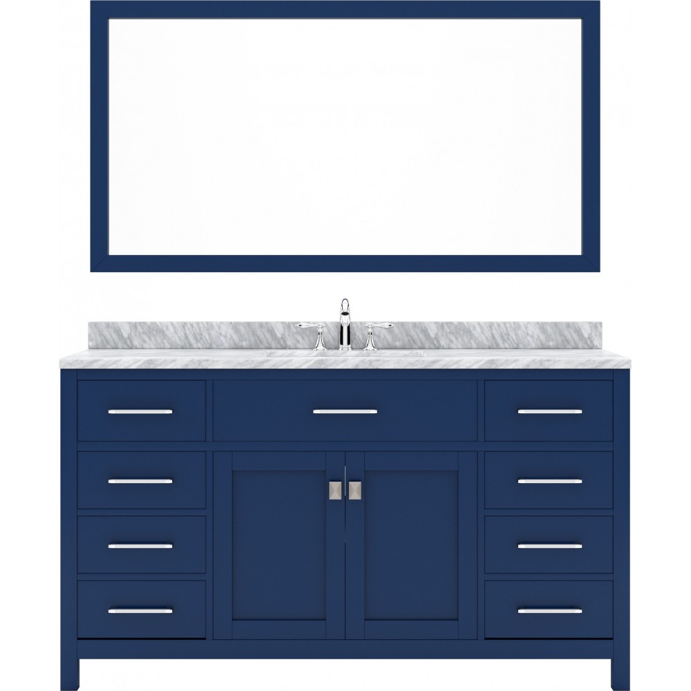 Caroline 60" Single Bath Vanity in French Blue with White Marble Top and Square Sink and Matching Mirror