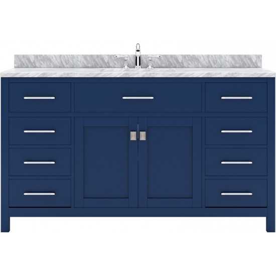 Caroline 60" Single Bath Vanity in French Blue with White Marble Top and Square Sink with Brushed Nickel Faucet