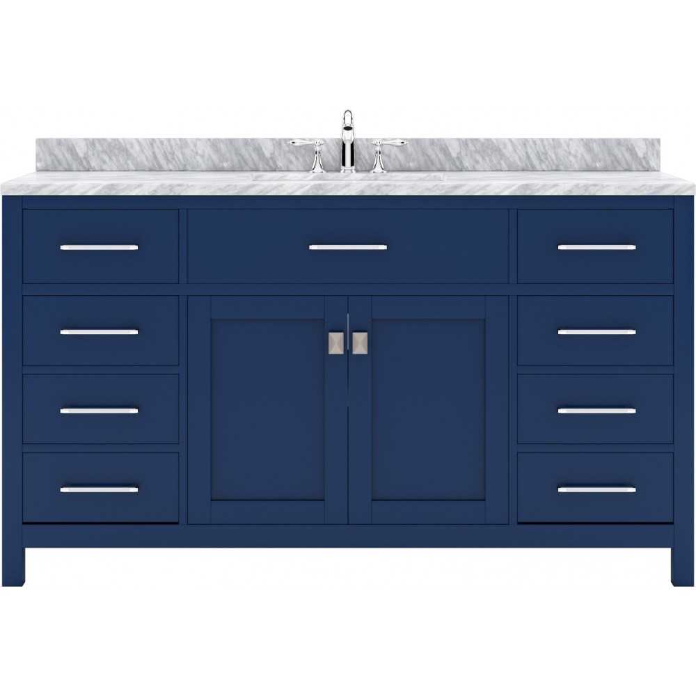 Caroline 60" Single Bath Vanity in French Blue with White Marble Top and Square Sink with Brushed Nickel Faucet