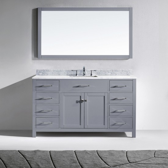 Caroline 60" Single Bath Vanity in Gray with White Marble Top and Square Sink and Matching Mirror