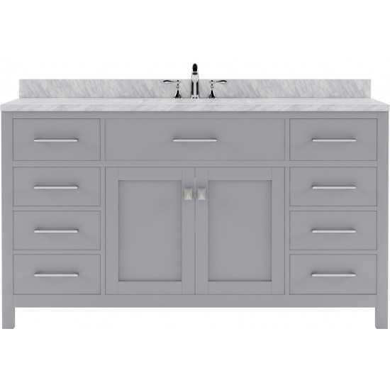 Caroline 60" Single Bath Vanity in Gray with White Marble Top and Square Sink with Brushed Nickel Faucet