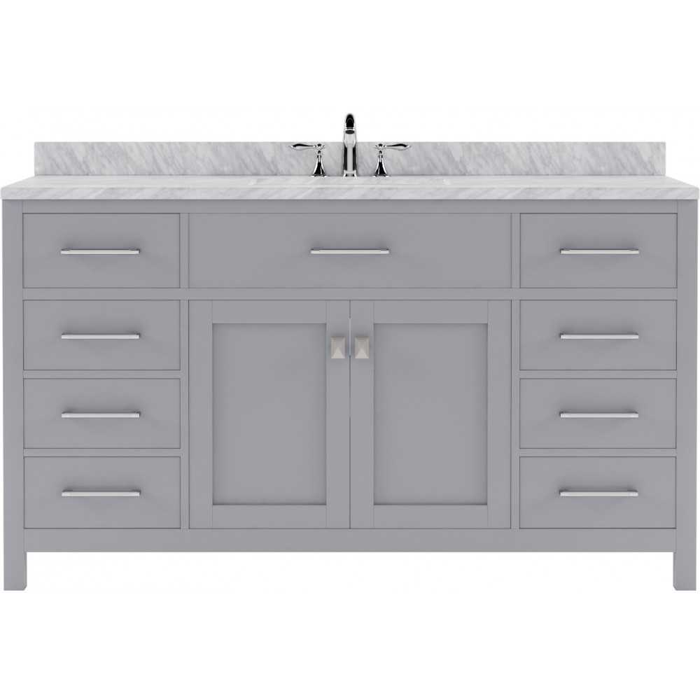 Caroline 60" Single Bath Vanity in Gray with White Marble Top and Square Sink with Brushed Nickel Faucet