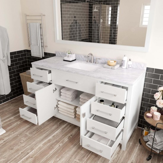 Caroline 60" Single Bath Vanity in White with White Marble Top and Square Sink and Matching Mirror