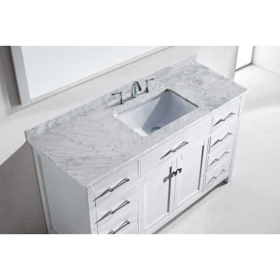 Caroline 60" Single Bath Vanity in White with White Marble Top and Square Sink and Matching Mirror