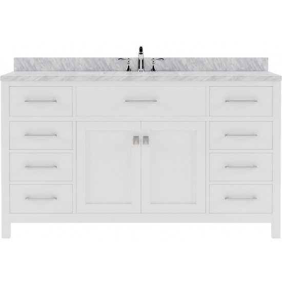 Caroline 60" Single Bath Vanity in White with White Marble Top and Square Sink with Brushed Nickel Faucet