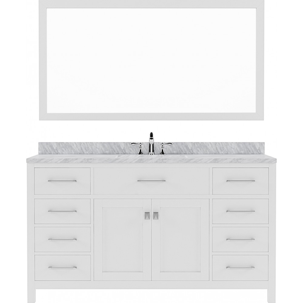 Caroline 60" Single Bath Vanity in White with White Marble Top and Square Sink with Polished Chrome Faucet and Matching Mirro