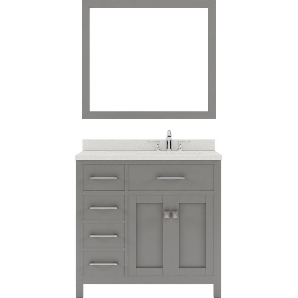 Caroline Parkway 36" Single Bath Vanity in Cashmere Gray with White Quartz Top and Round Sink and Matching Mirror