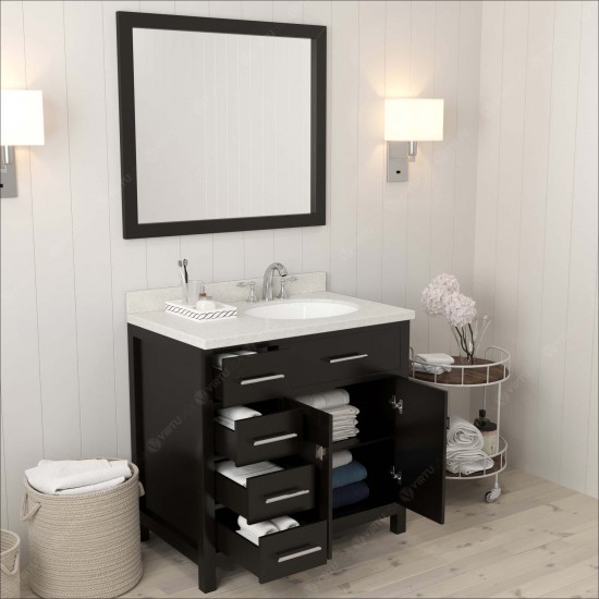 Caroline Parkway 36" Single Bath Vanity in Espresso with White Quartz Top and Round Sink with Polished Chrome Faucet and Mirr
