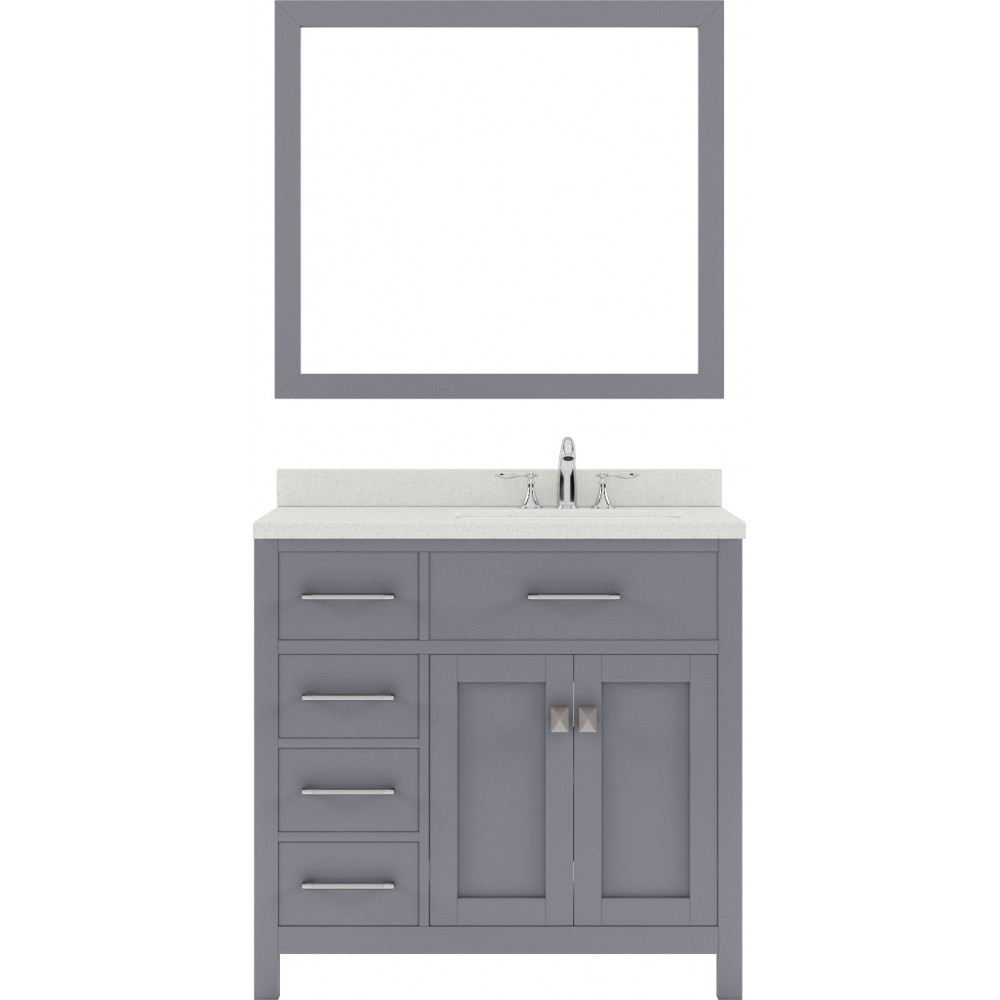 Caroline Parkway 36" Single Bath Vanity in Gray with White Quartz Top and Round Sink and Matching Mirror