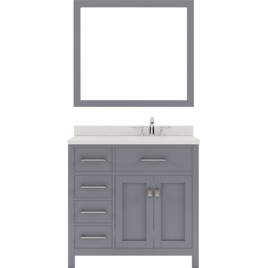 Caroline Parkway 36" Single Bath Vanity in Gray with White Quartz Top and Round Sink with Brushed Nickel Faucet and Mirror