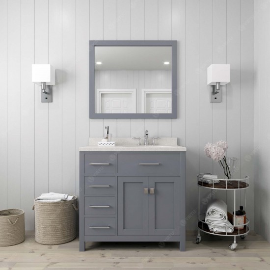 Caroline Parkway 36" Single Bath Vanity in Gray with White Quartz Top and Round Sink with Polished Chrome Faucet and Mirror