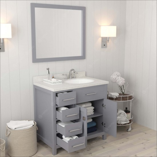 Caroline Parkway 36" Single Bath Vanity in Gray with White Quartz Top and Round Sink with Polished Chrome Faucet and Mirror