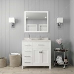 Caroline Parkway 36" Single Bath Vanity in White with White Quartz Top and Round Sink and Matching Mirror