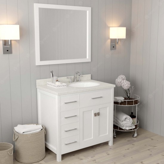 Caroline Parkway 36" Single Bath Vanity in White with White Quartz Top and Round Sink and Matching Mirror