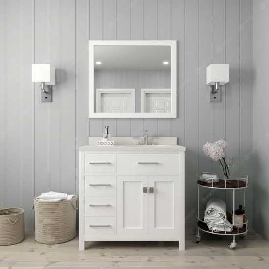 Caroline Parkway 36" Single Bath Vanity in White with White Quartz Top and Round Sink with Brushed Nickel Faucet and Mirror