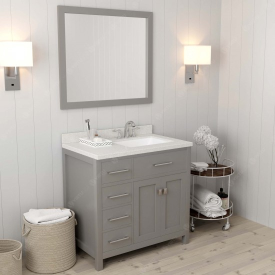 Caroline Parkway 36" Single Bath Vanity in Cashmere Gray with White Quartz Top and Square Sink and Matching Mirror