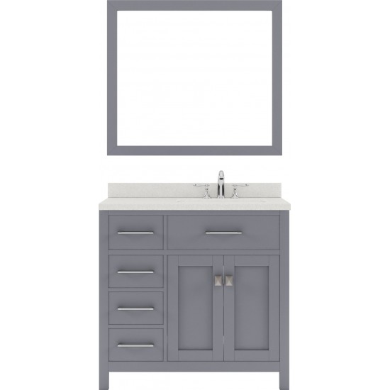 Caroline Parkway 36" Single Bath Vanity in Gray with White Quartz Top and Square Sink with Brushed Nickel Faucet and Mirror