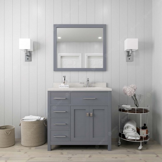 Caroline Parkway 36" Single Bath Vanity in Gray with White Quartz Top and Square Sink with Polished Chrome Faucet and Mirror