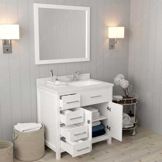 Caroline Parkway 36" Single Bath Vanity in White with White Quartz Top and Square Sink and Matching Mirror