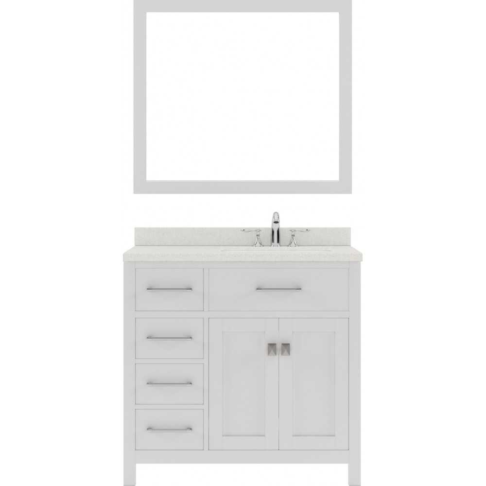 Caroline Parkway 36" Single Bath Vanity in White with White Quartz Top and Square Sink with Polished Chrome Faucet and Mirror