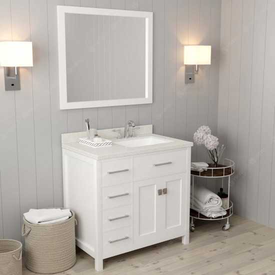 Caroline Parkway 36" Single Bath Vanity in White with White Quartz Top and Square Sink with Polished Chrome Faucet and Mirror