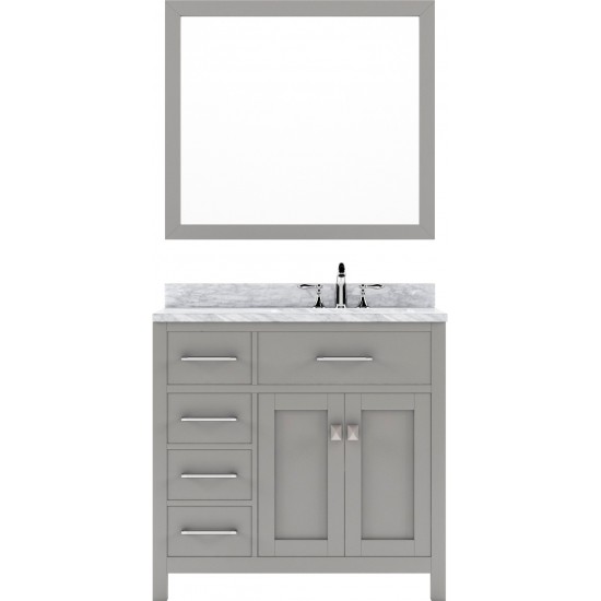 Caroline Parkway 36" Single Vanity in Cashmere Gray with White Marble Top and Round Sink with Brushed Nickel Faucet and Mirro