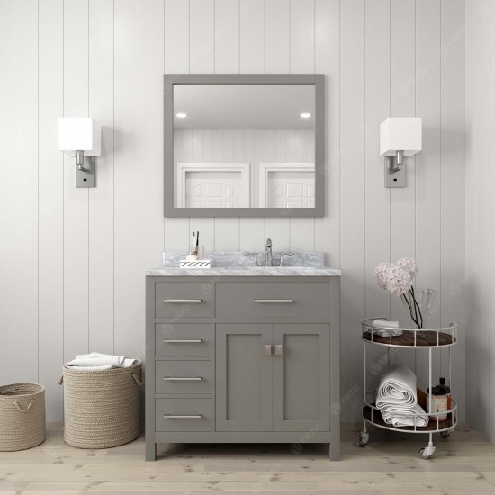 Caroline Parkway 36" Single Vanity in Cashmere Gray with White Marble Top and Round Sink with Brushed Nickel Faucet and Mirro