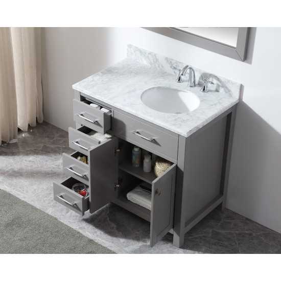 Caroline Parkway 36" Single Vanity in Cashmere Gray with White Marble Top and Round Sink with Brushed Nickel Faucet and Mirro