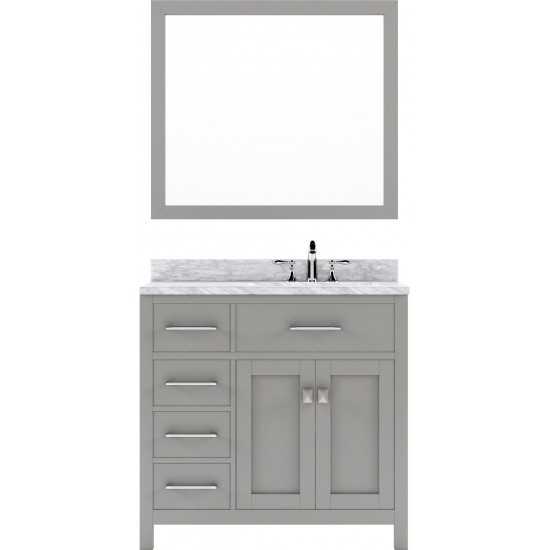 Caroline Parkway 36" Single Vanity in Cashmere Gray with White Marble Top and Round Sink with Polished Chrome Faucet and Mirr