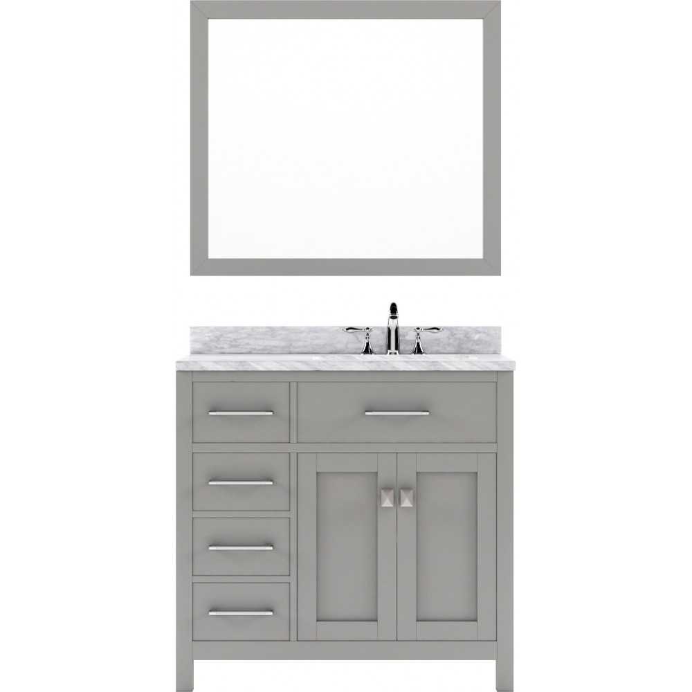 Caroline Parkway 36" Single Vanity in Cashmere Gray with White Marble Top and Round Sink with Polished Chrome Faucet and Mirr