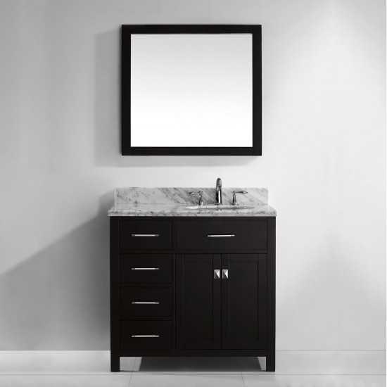 Caroline Parkway 36" Single Bath Vanity in Espresso with White Marble Top and Round Sink and Matching Mirror