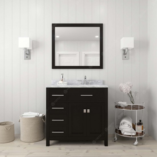 Caroline Parkway 36" Single Bath Vanity in Espresso with White Marble Top and Round Sink and Matching Mirror