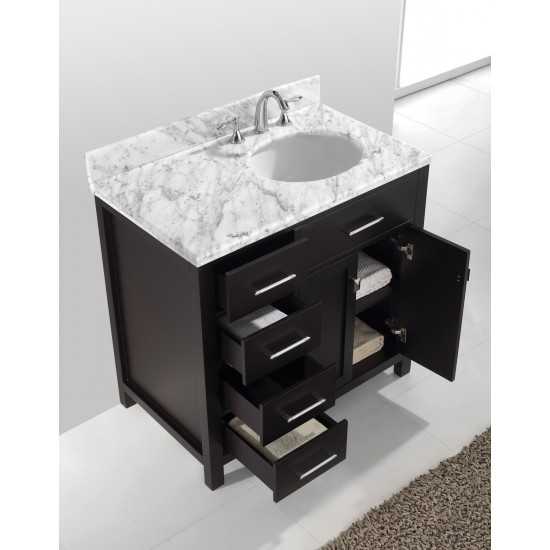 Caroline Parkway 36" Single Bath Vanity in Espresso with White Marble Top and Round Sink and Matching Mirror