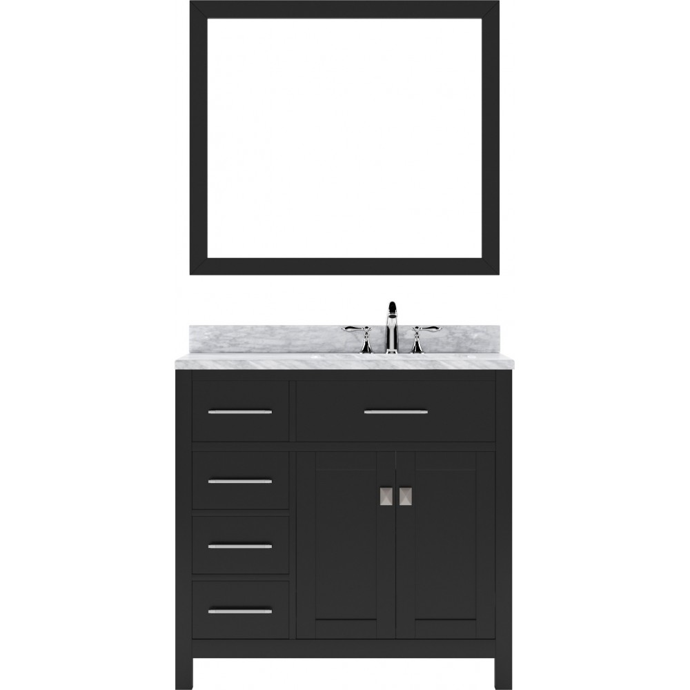 Caroline Parkway 36" Single Bath Vanity in Espresso with White Marble Top and Round Sink with Brushed Nickel Faucet and Mirro