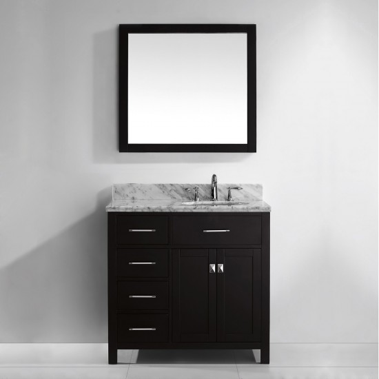 Caroline Parkway 36" Single Bath Vanity in Espresso with White Marble Top and Round Sink with Polished Chrome Faucet and Mirr