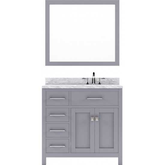 Caroline Parkway 36" Single Bath Vanity in Gray with White Marble Top and Round Sink and Matching Mirror