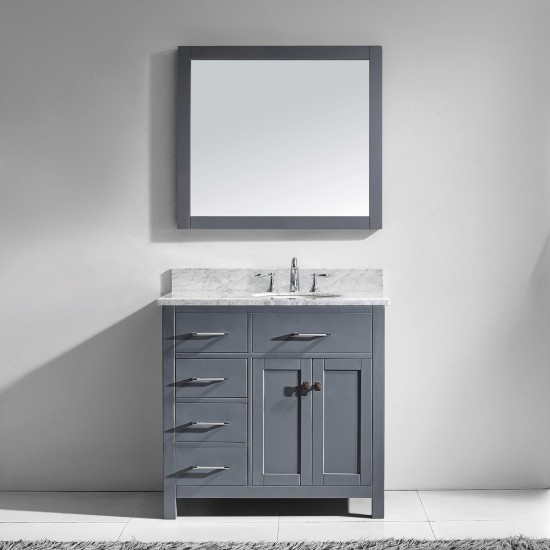 Caroline Parkway 36" Single Bath Vanity in Gray with White Marble Top and Round Sink and Matching Mirror