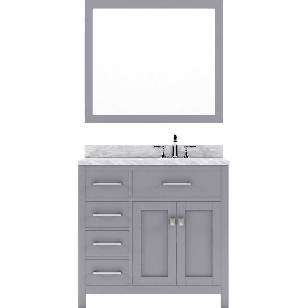 Caroline Parkway 36" Single Bath Vanity in Gray with White Marble Top and Round Sink with Brushed Nickel Faucet and Mirror