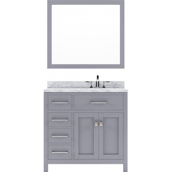 Caroline Parkway 36" Single Bath Vanity in Gray with White Marble Top and Round Sink with Polished Chrome Faucet and Mirror