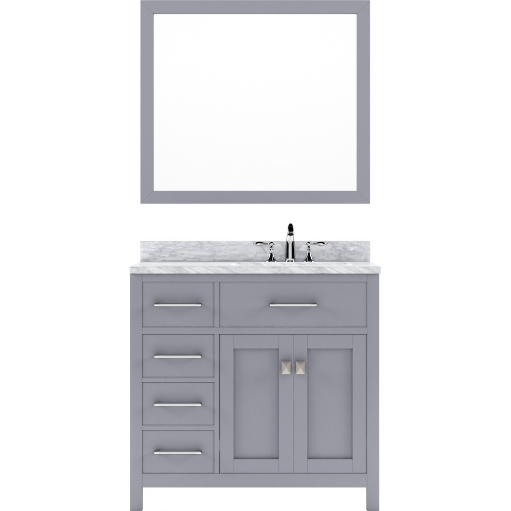 Caroline Parkway 36" Single Bath Vanity in Gray with White Marble Top and Round Sink with Polished Chrome Faucet and Mirror