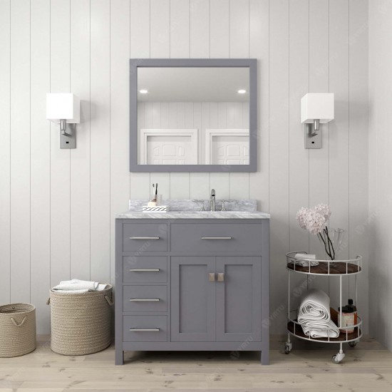 Caroline Parkway 36" Single Bath Vanity in Gray with White Marble Top and Round Sink with Polished Chrome Faucet and Mirror