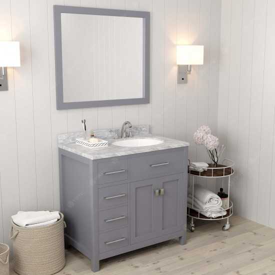 Caroline Parkway 36" Single Bath Vanity in Gray with White Marble Top and Round Sink with Polished Chrome Faucet and Mirror