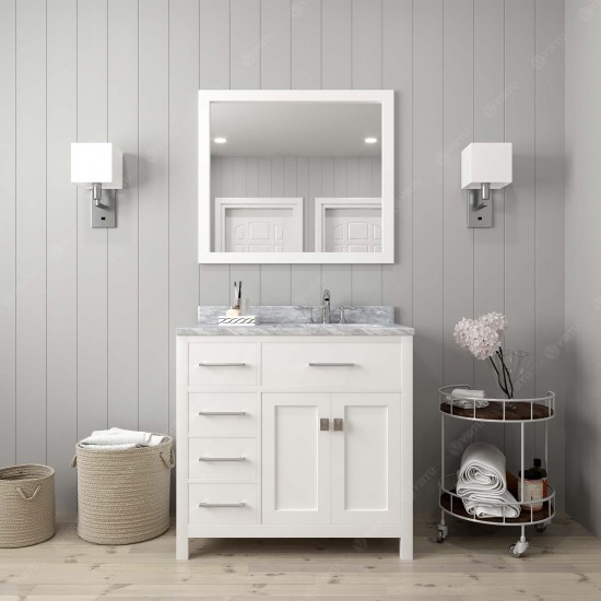 Caroline Parkway 36" Single Bath Vanity in White with White Marble Top and Round Sink and Matching Mirror